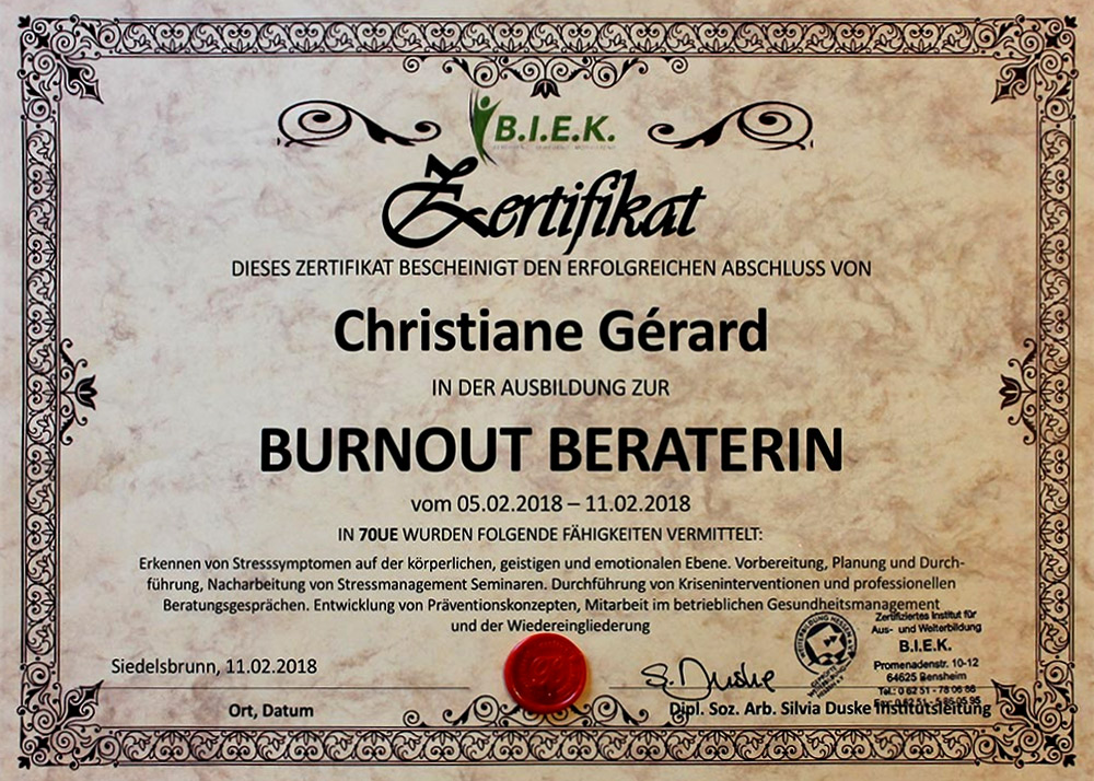B.I.E.K. Zertifikat – Burnout Beraterin – Christiane Gerard