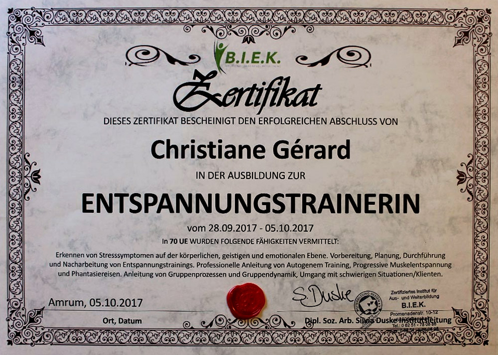 B.I.E.K. Zertifikat – Entspannungstrainerin – Christiane Gerard