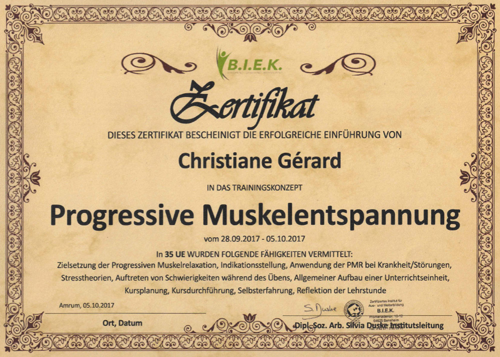 B.I.E.K. Zertifikat – Progressive Muskelentspannung – Christiane Gerard