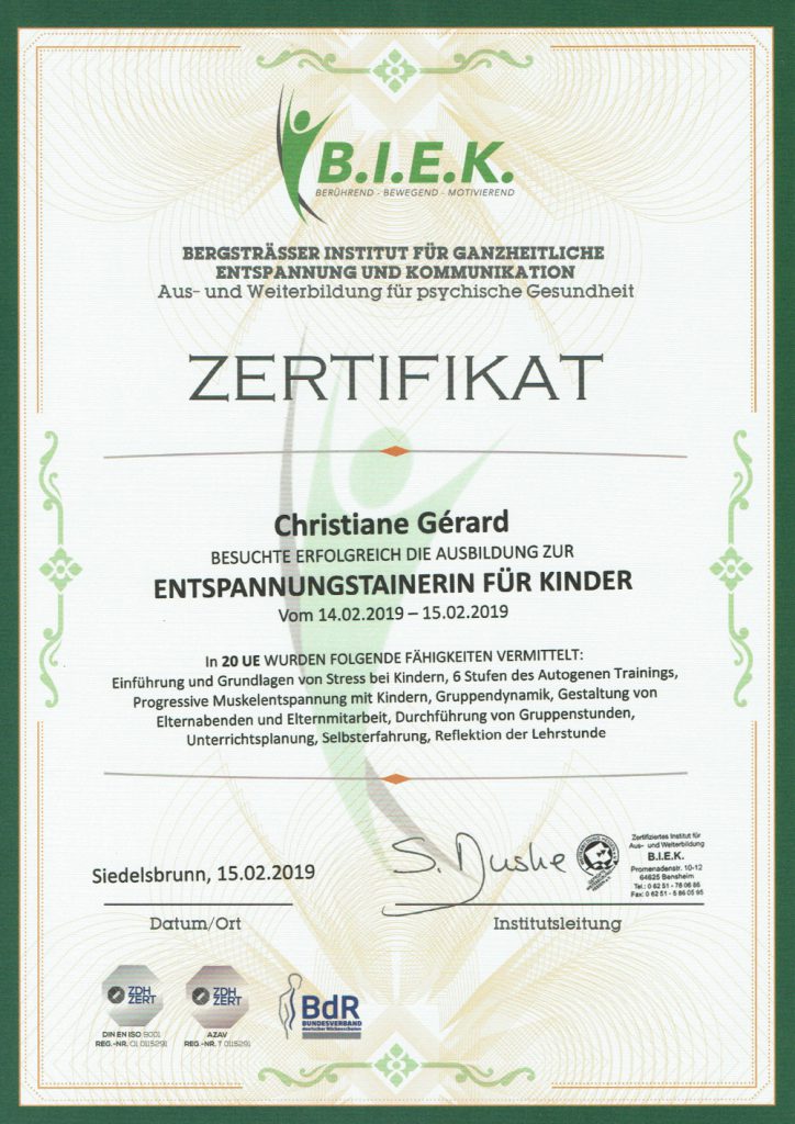 B.I.E.K. Zertifikat – Entspannungstrainer für Kinder – Christiane Gerard